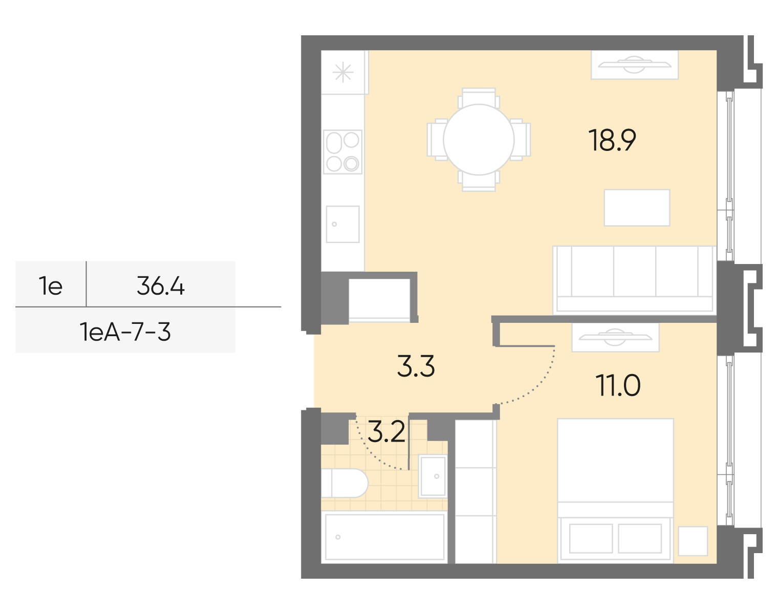 Планировка 1-комн, 36.4 м²