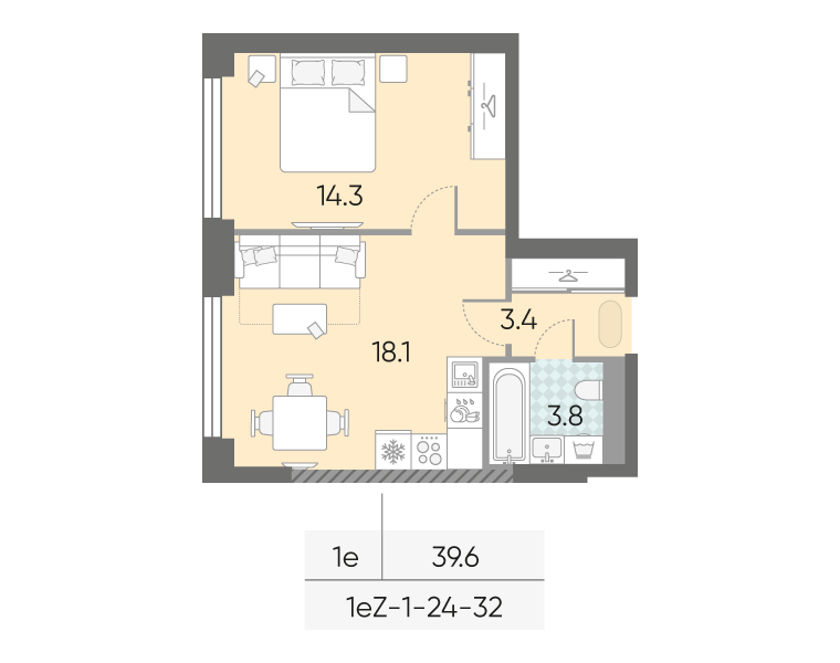 Планировка 1-комн, 39.6 м²