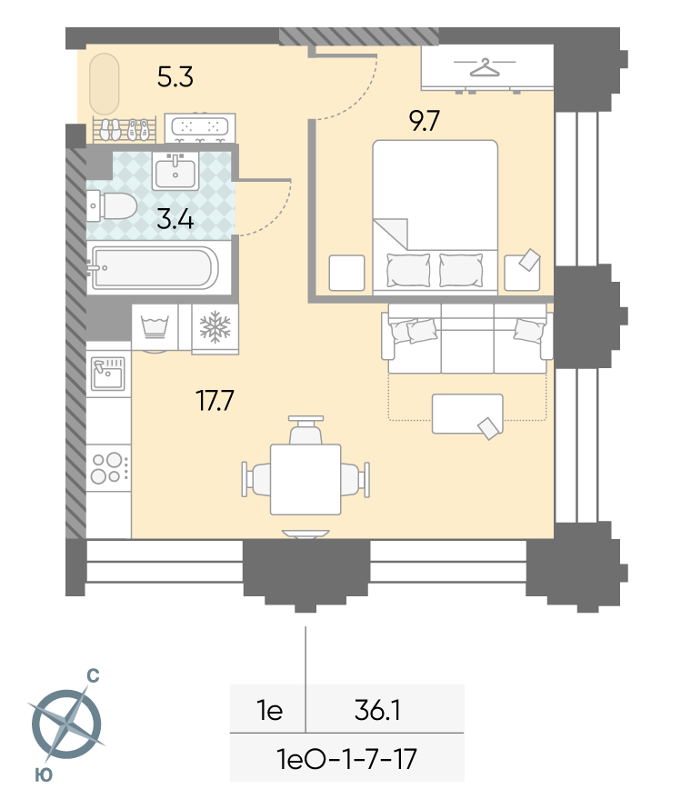 Планировка 1-комн, 36.1 м²