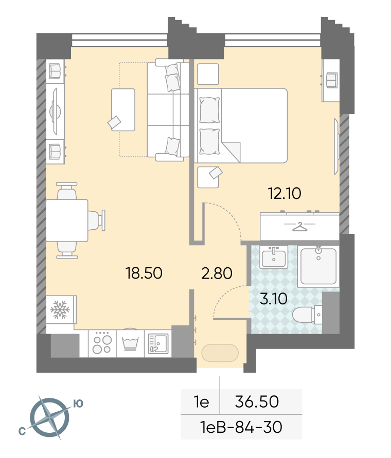 Планировка 1-комн, 36.5 м²