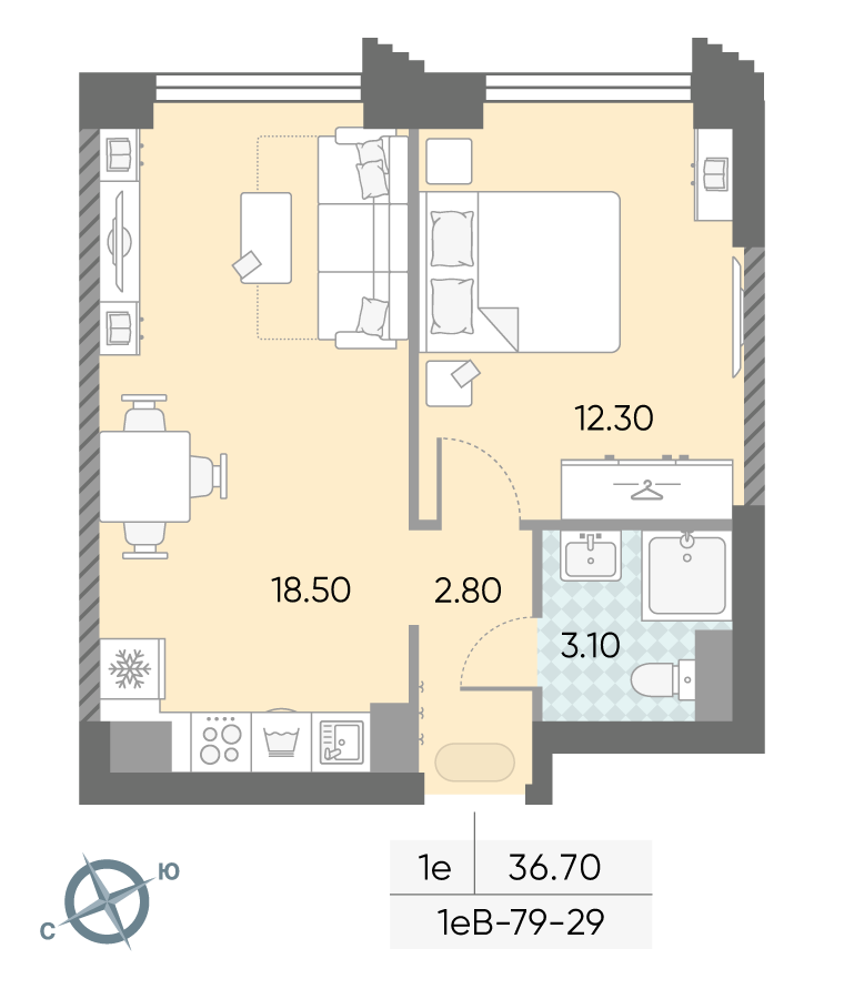 Планировка 1-комн, 36.7 м²