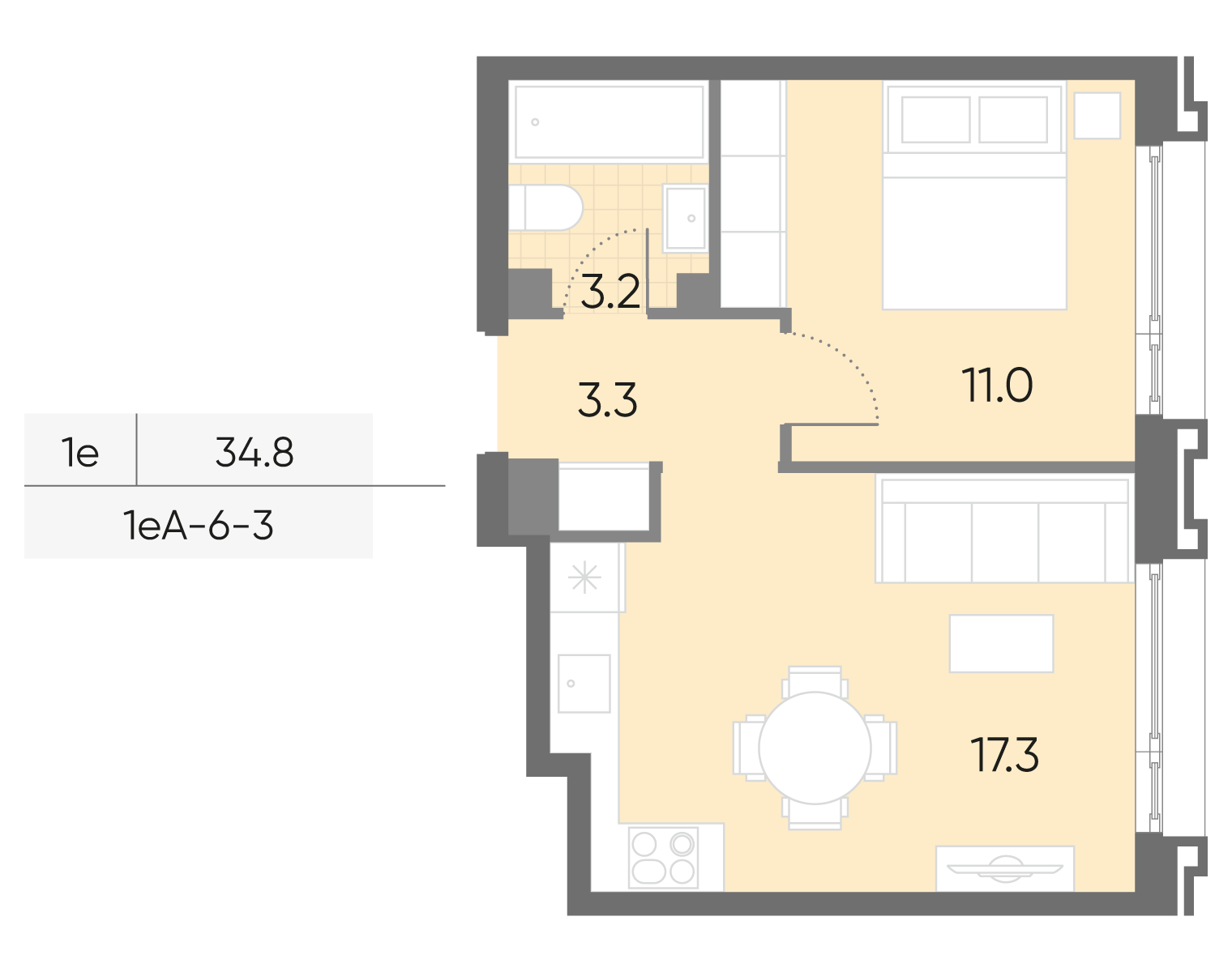 Планировка 1-комн, 34.8 м²
