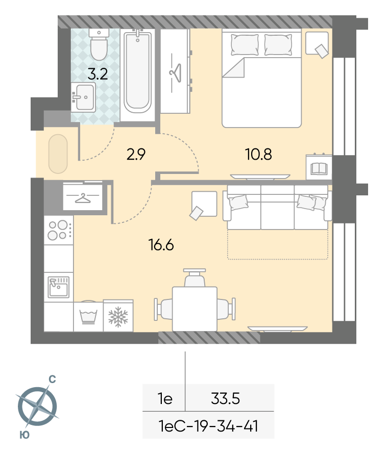 Планировка 1-комн, 33.5 м²