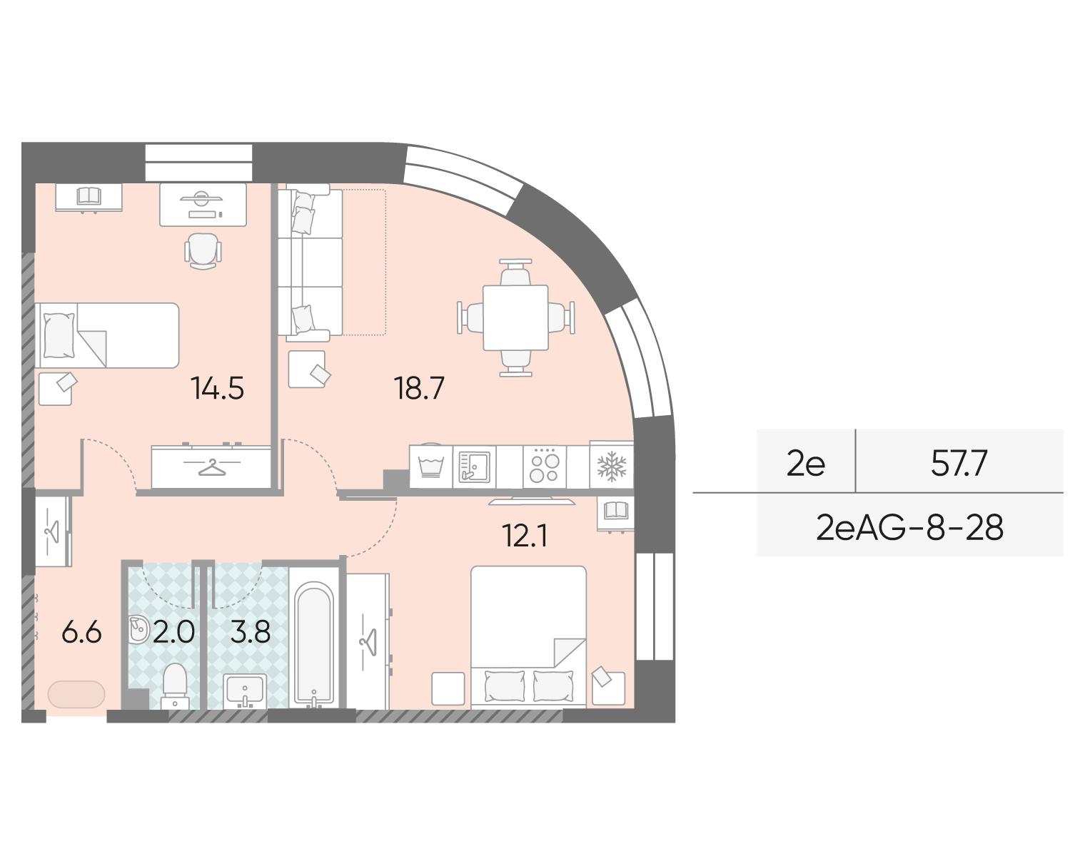 Планировка 2-комн, 57.7 м²