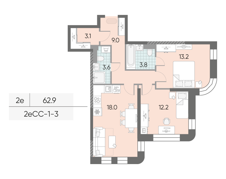 Планировка 2-комн, 62.9 м²