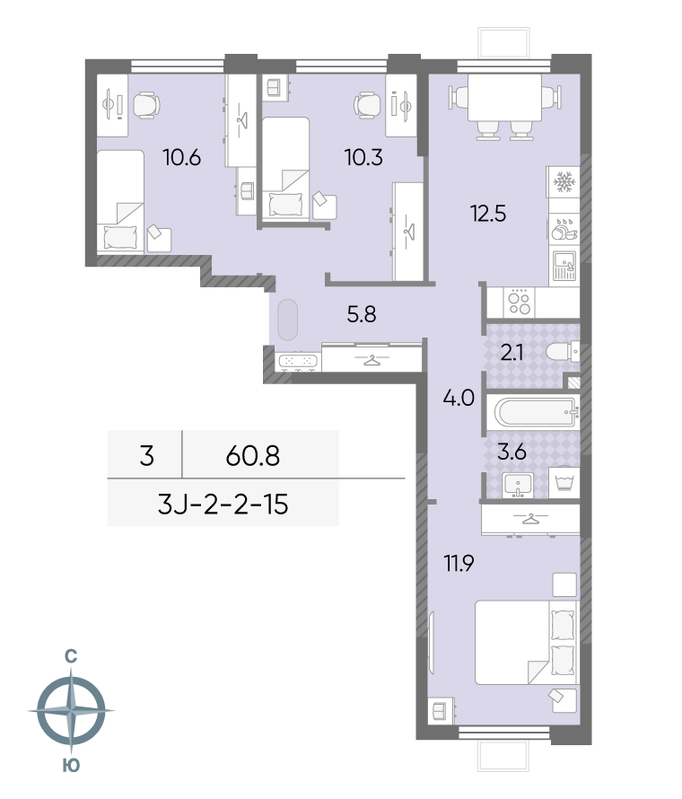 Планировка 3-комн, 60.8 м²