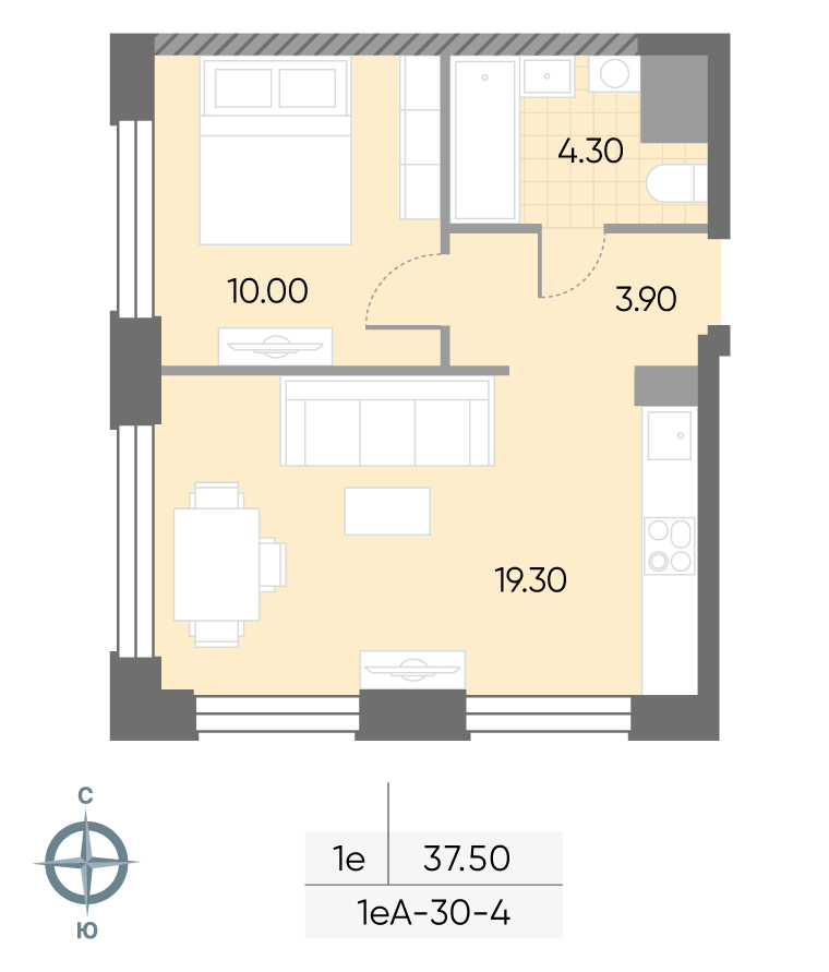 Планировка 1-комн, 37.5 м²
