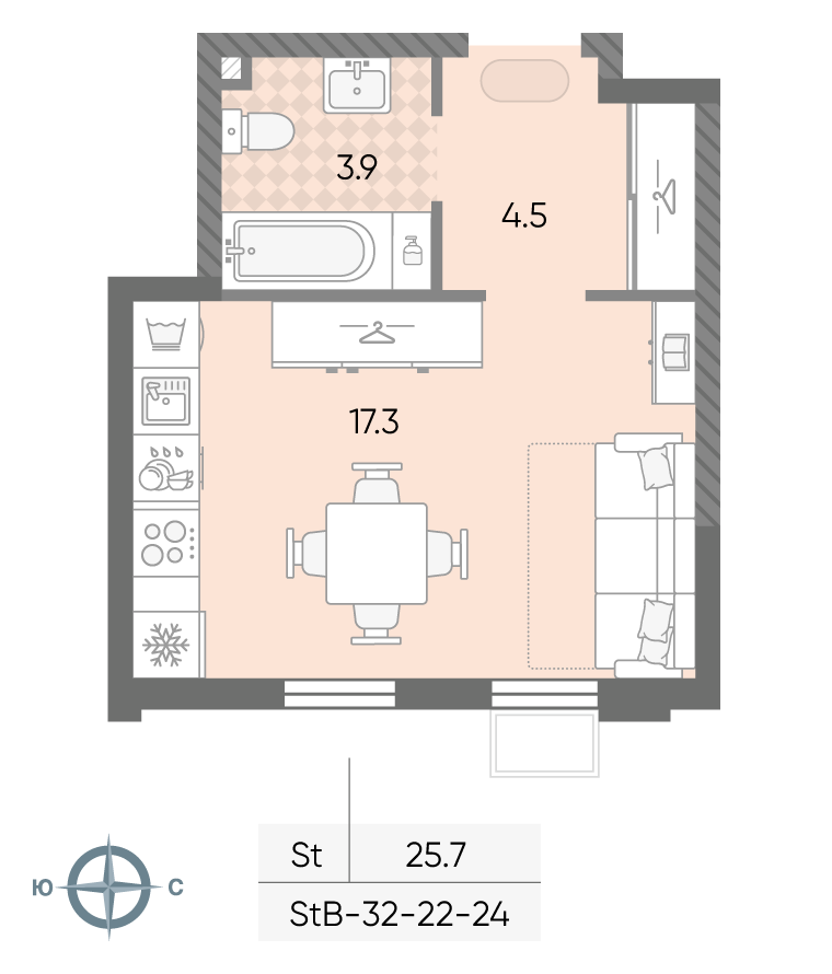 Планировка Студия, 25.7 м²
