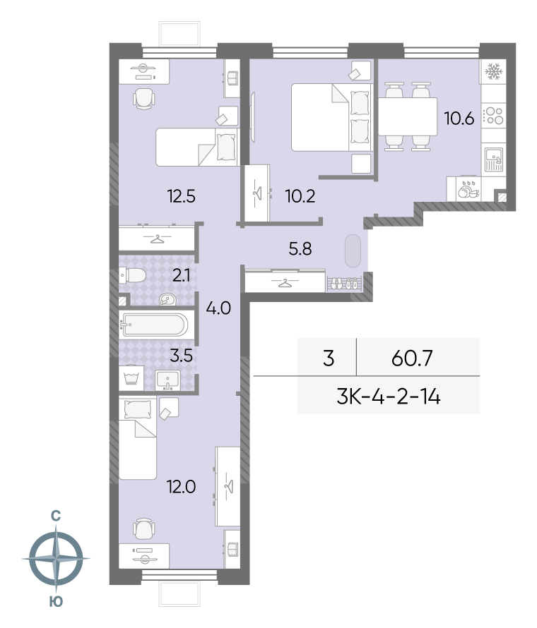 Планировка 3-комн, 60.7 м²