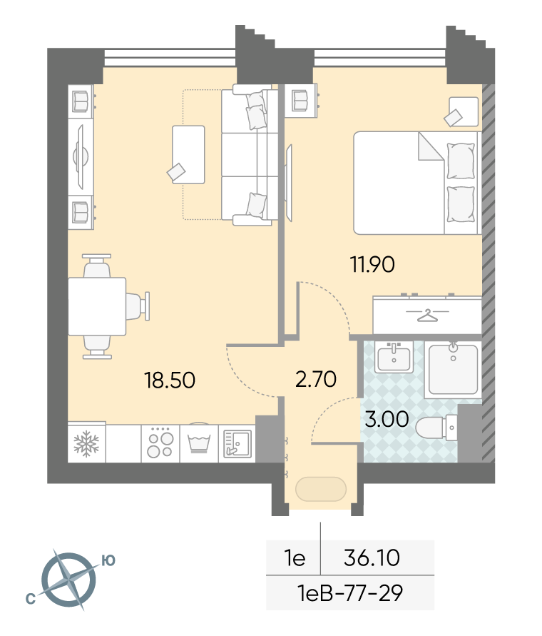 Планировка 1-комн, 36.1 м²