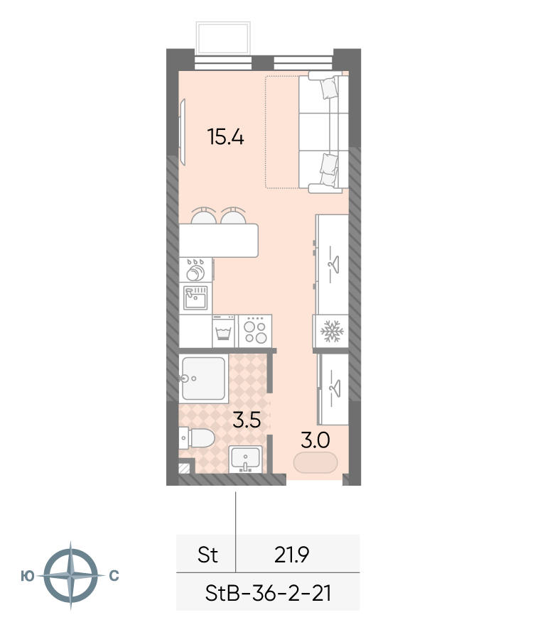 Планировка Студия, 21.9 м²