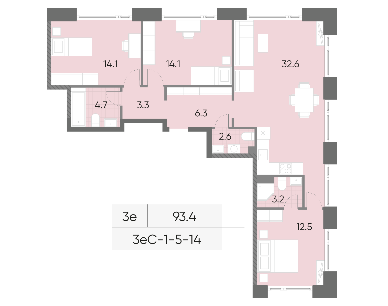 Планировка 3-комн, 93.4 м²