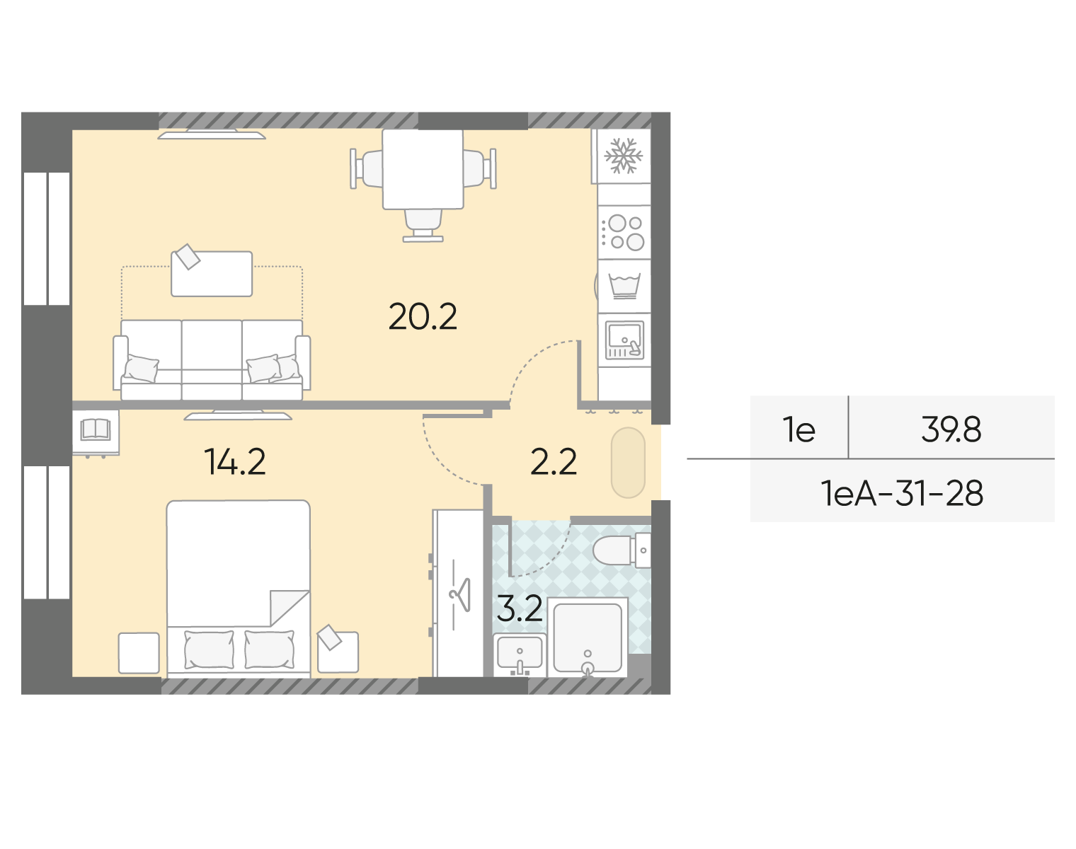 Планировка 1-комн, 39.8 м²
