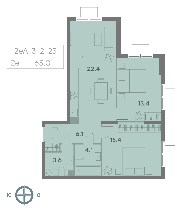 Планировка 2-комн, 65.2 м²