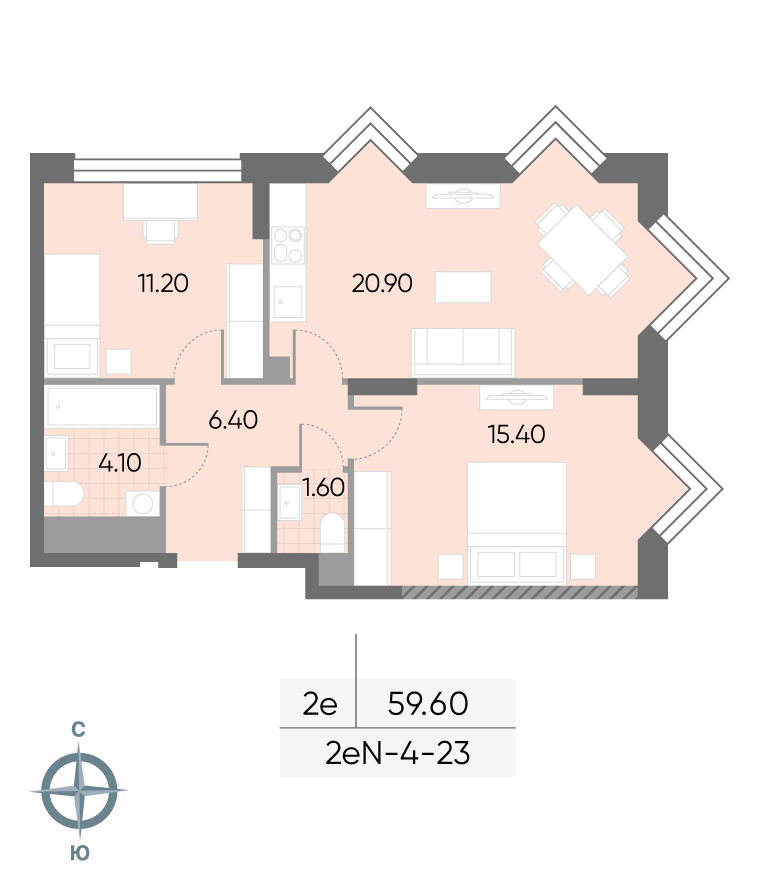 Планировка 2-комн, 59.6 м²