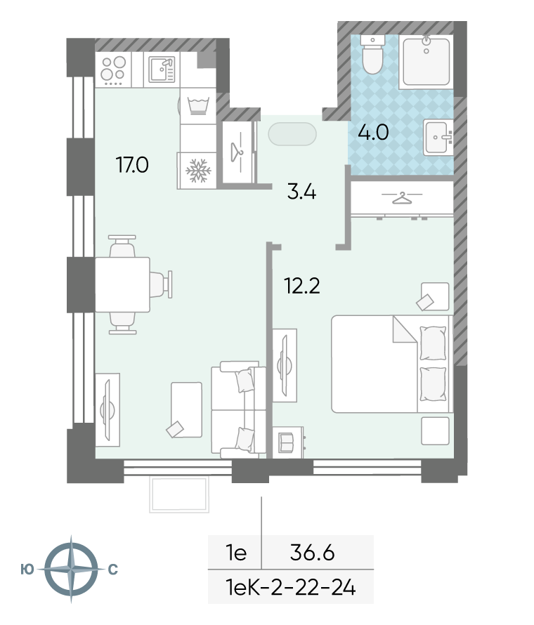 Планировка 1-комн, 36.4 м²