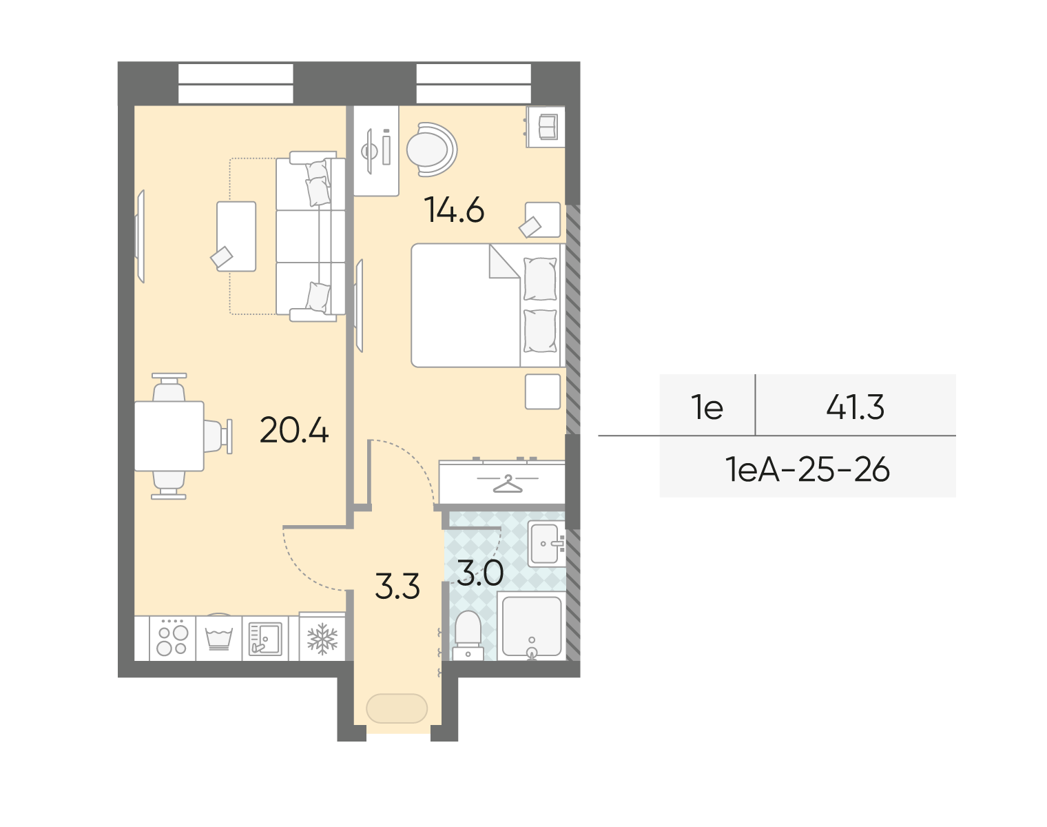 Планировка 1-комн, 41.3 м²