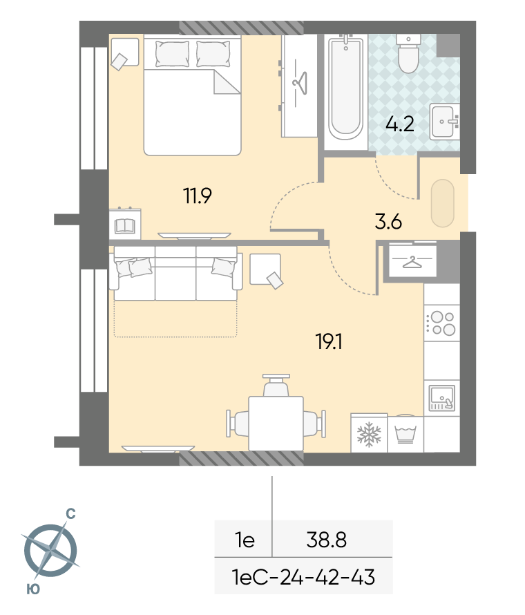 Планировка 1-комн, 38.8 м²