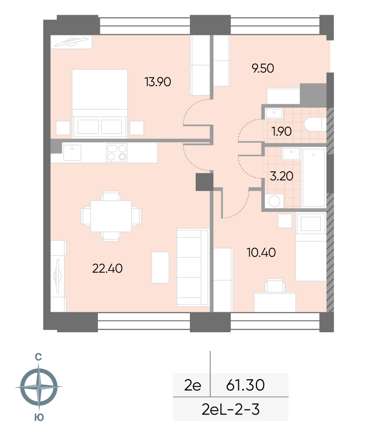 Планировка 2-комн, 61.3 м²