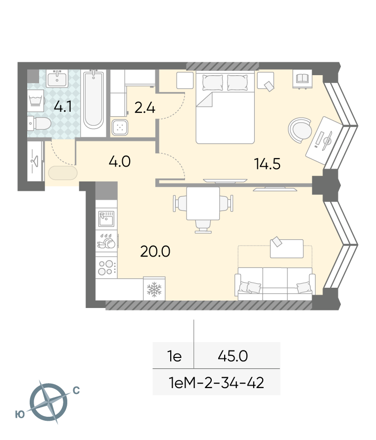 Планировка 1-комн, 45 м²