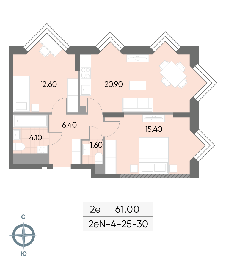 Планировка 2-комн, 61 м²