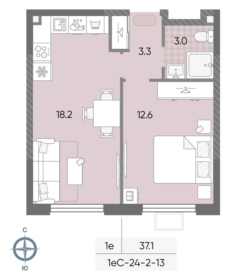 Планировка 1-комн, 37.1 м²