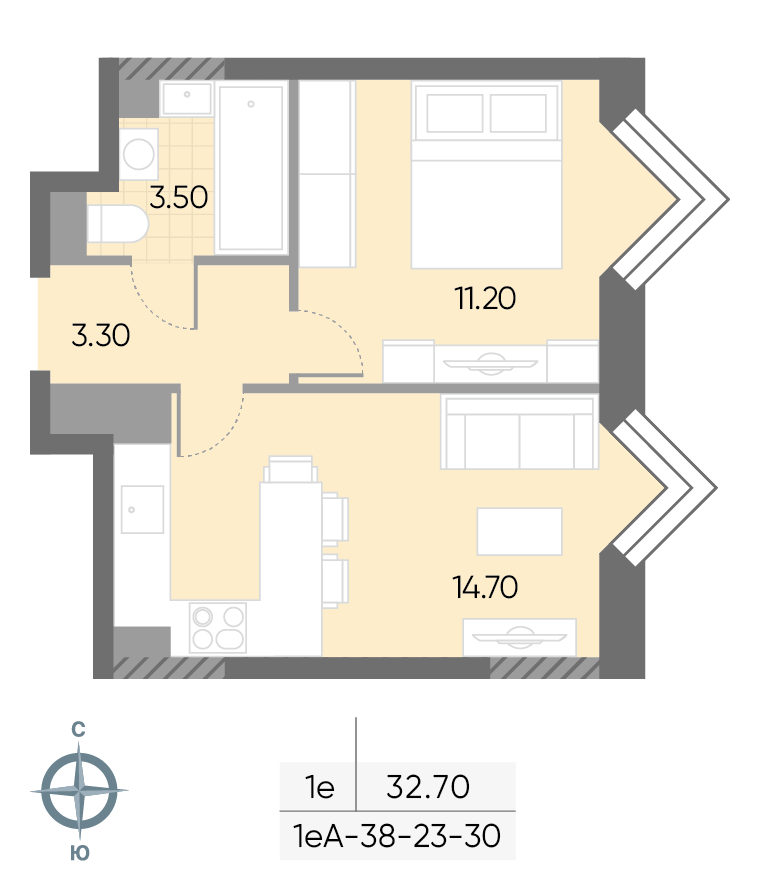 Планировка 1-комн, 32.7 м²