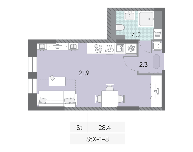 Планировка Студия, 28.4 м²