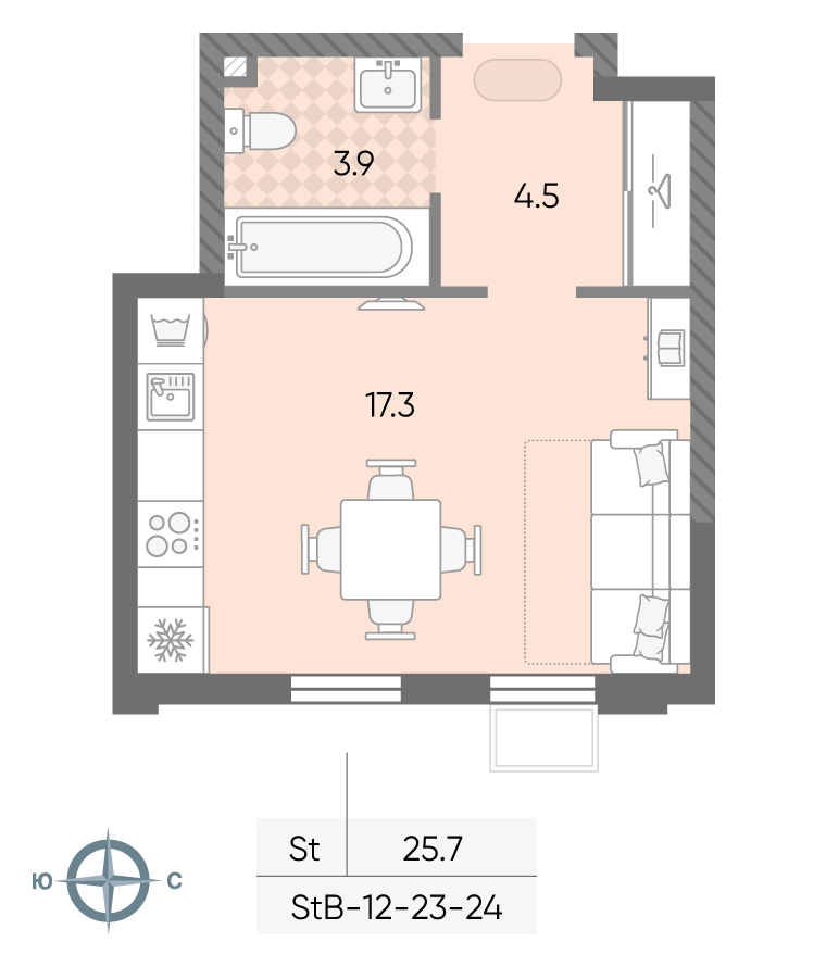 Планировка Студия, 25.7 м²