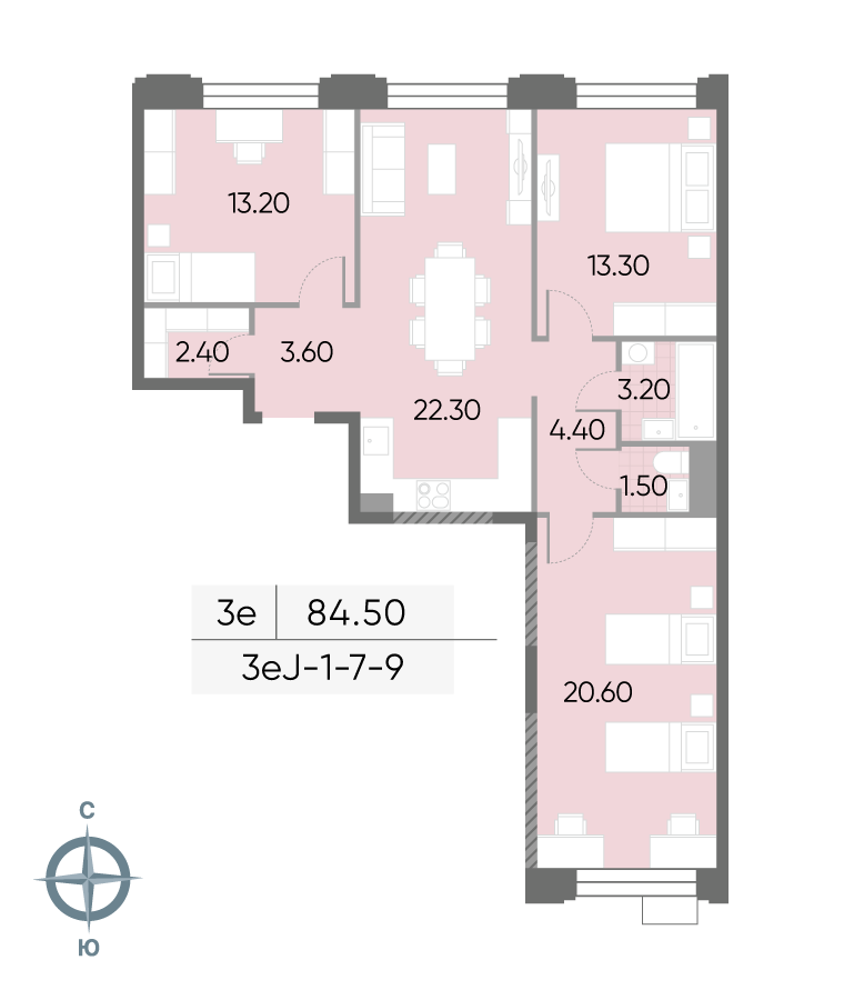 Планировка 3-комн, 84.5 м²