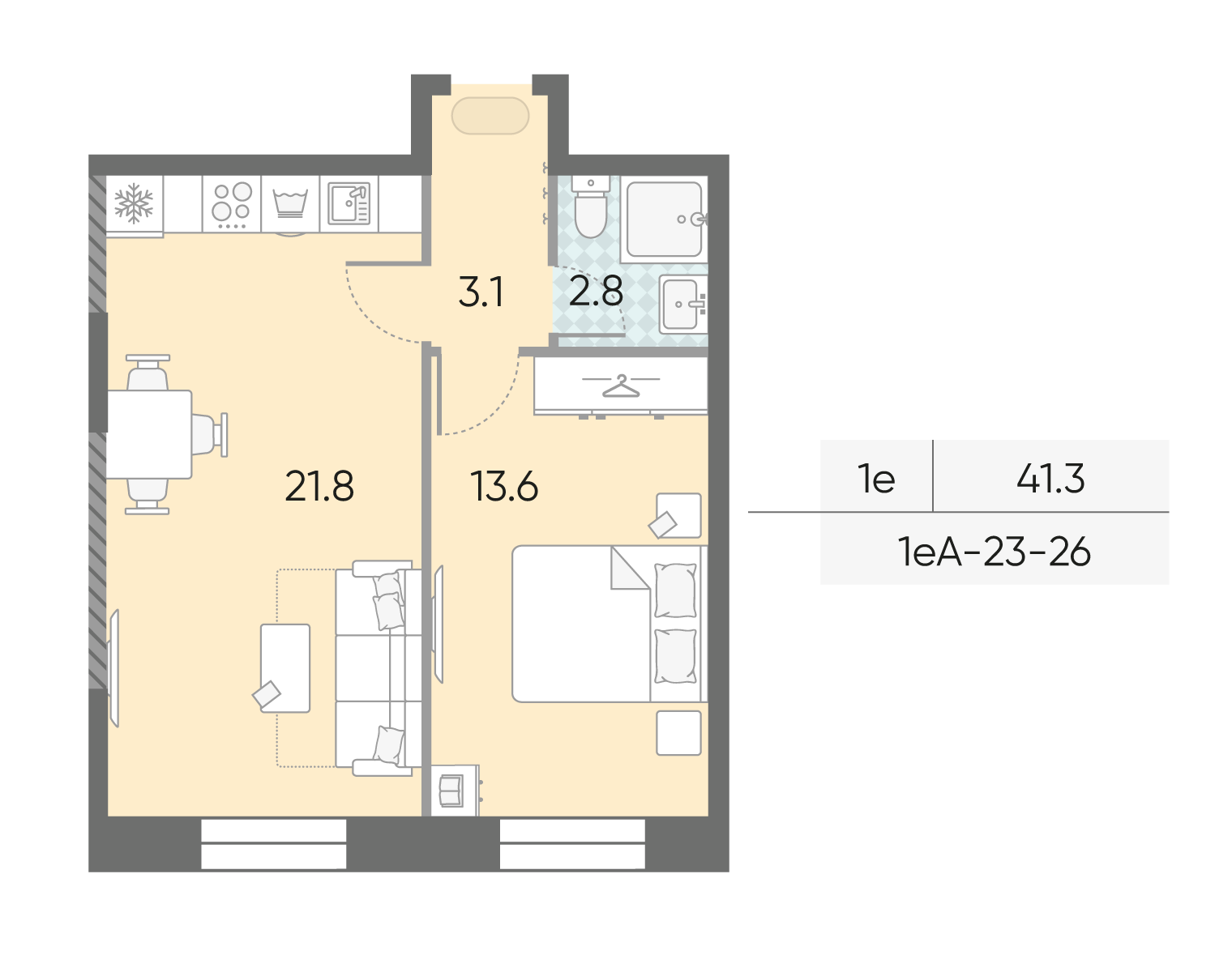 Планировка 1-комн, 41.3 м²