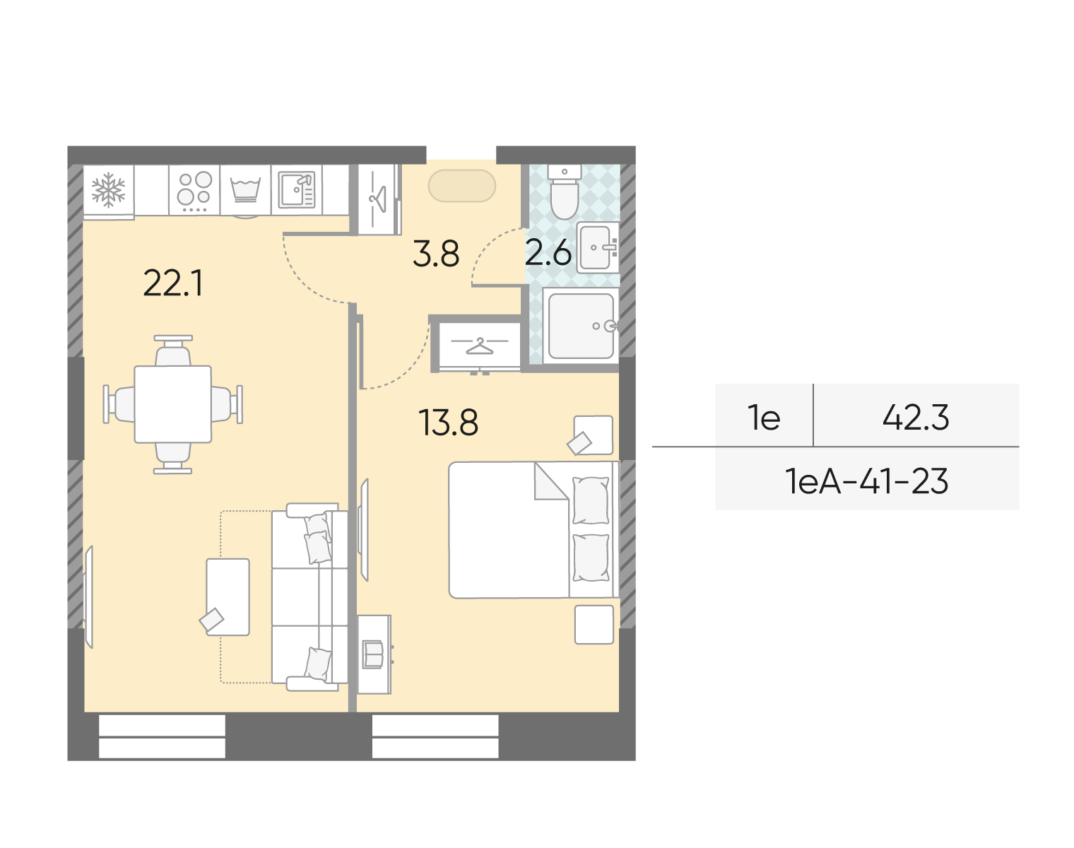 Планировка 1-комн, 42.3 м²