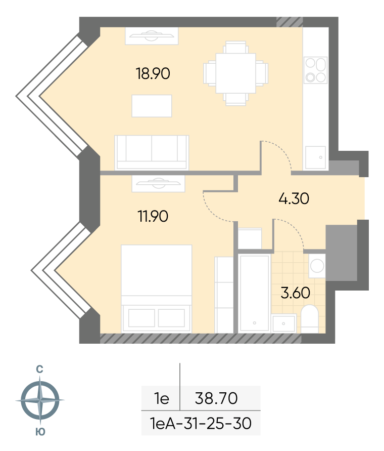 Планировка 1-комн, 38.7 м²