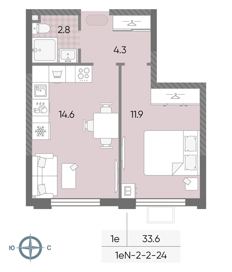 Планировка 1-комн, 33.6 м²