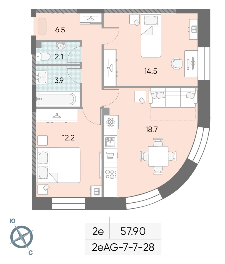 Зиларт, 2-комнатная, 57.7 м²