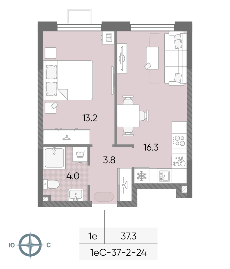 Планировка 1-комн, 37.3 м²