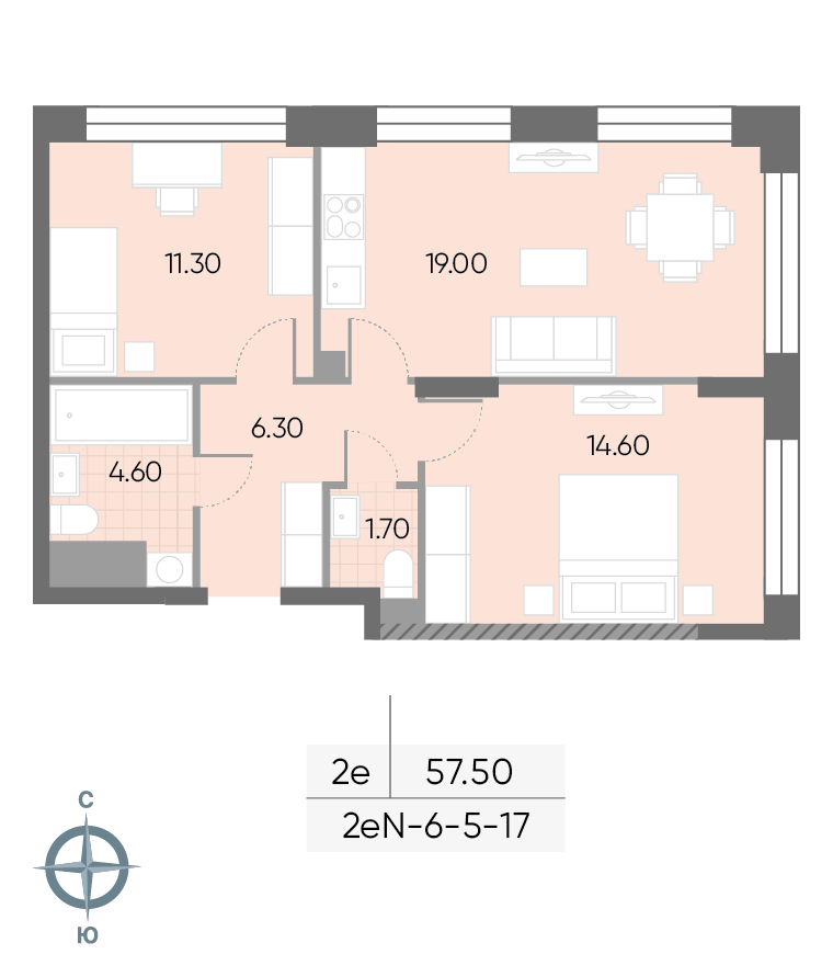 Планировка 2-комн, 57.5 м²