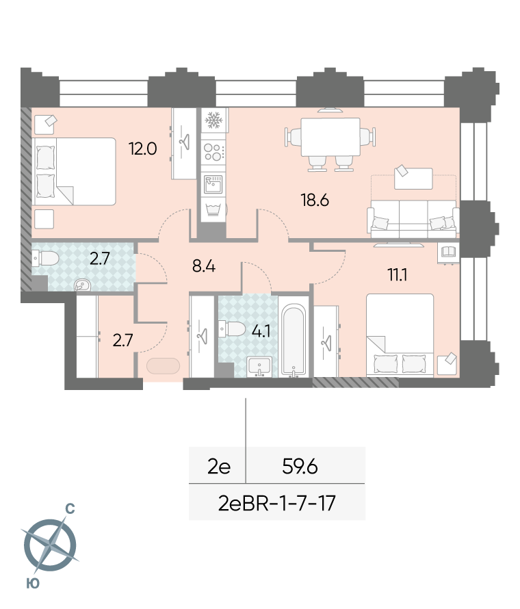 Планировка 2-комн, 59.6 м²