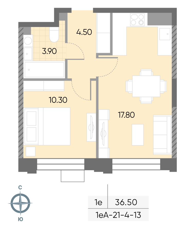 Планировка 1-комн, 36.5 м²