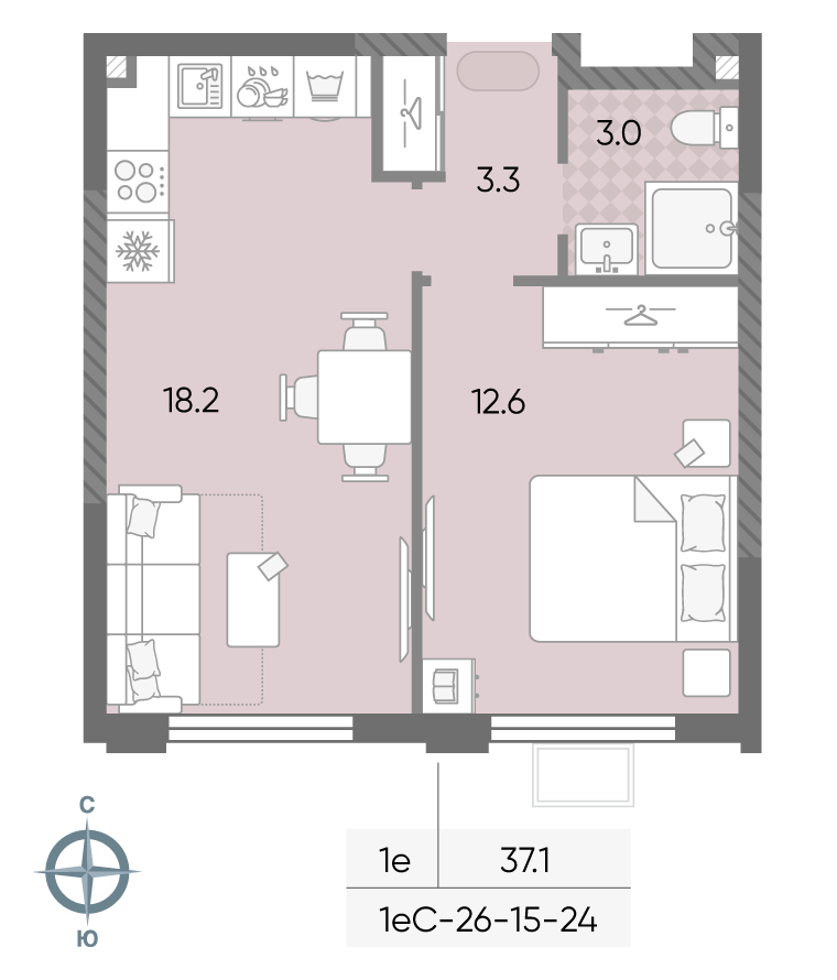 Планировка 1-комн, 37.1 м²