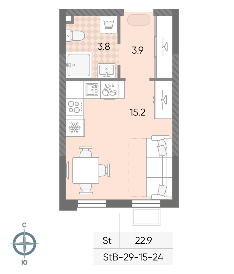 Планировка Студия, 22.9 м²