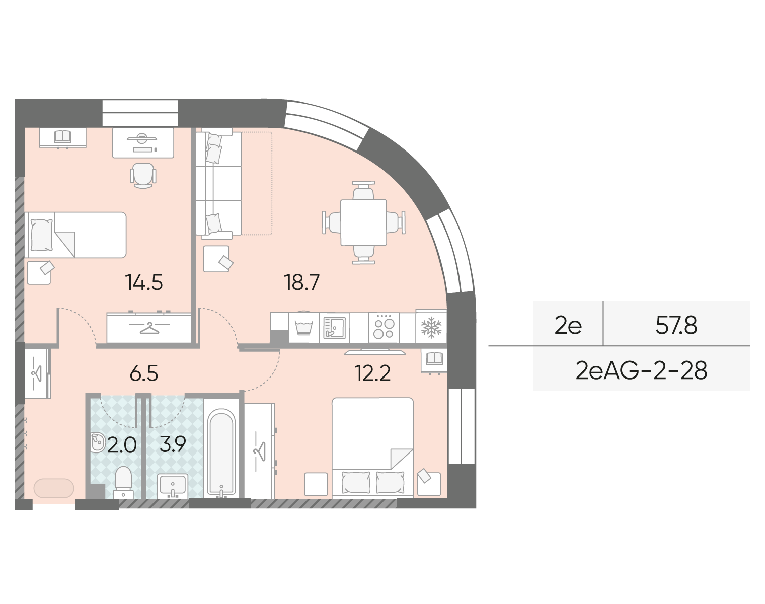 Планировка 2-комн, 57.8 м²