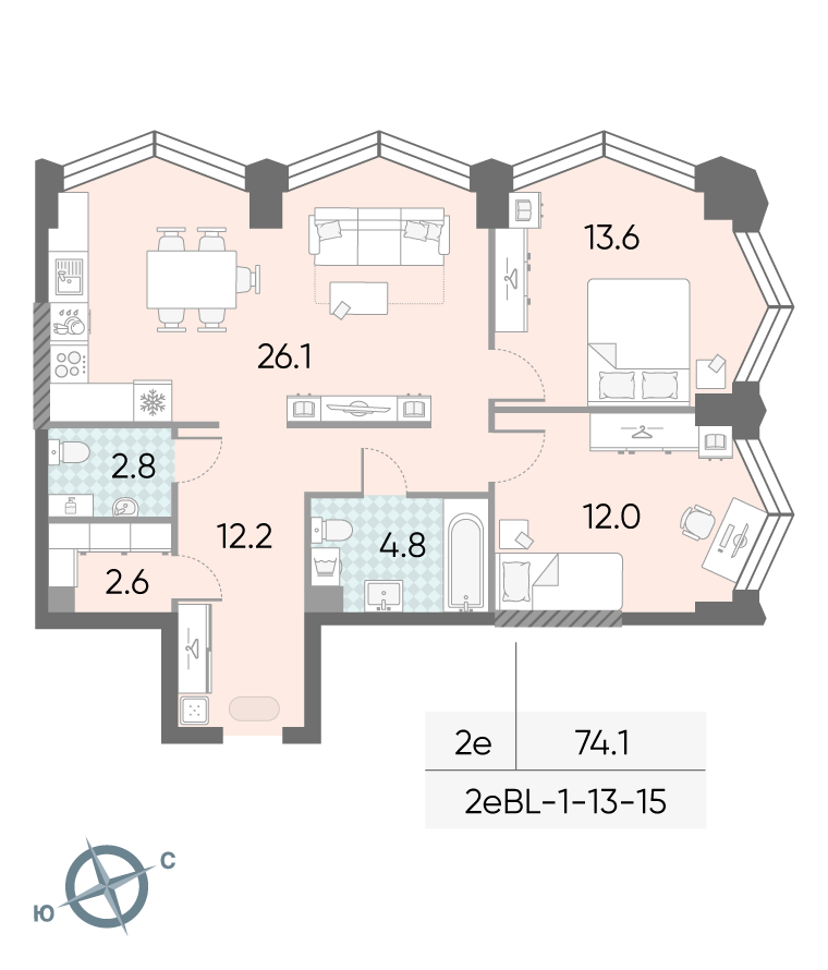 Планировка 2-комн, 74.1 м²