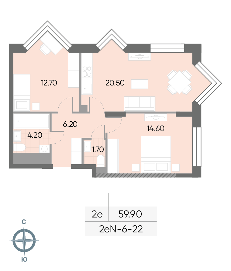 Планировка 2-комн, 59.9 м²