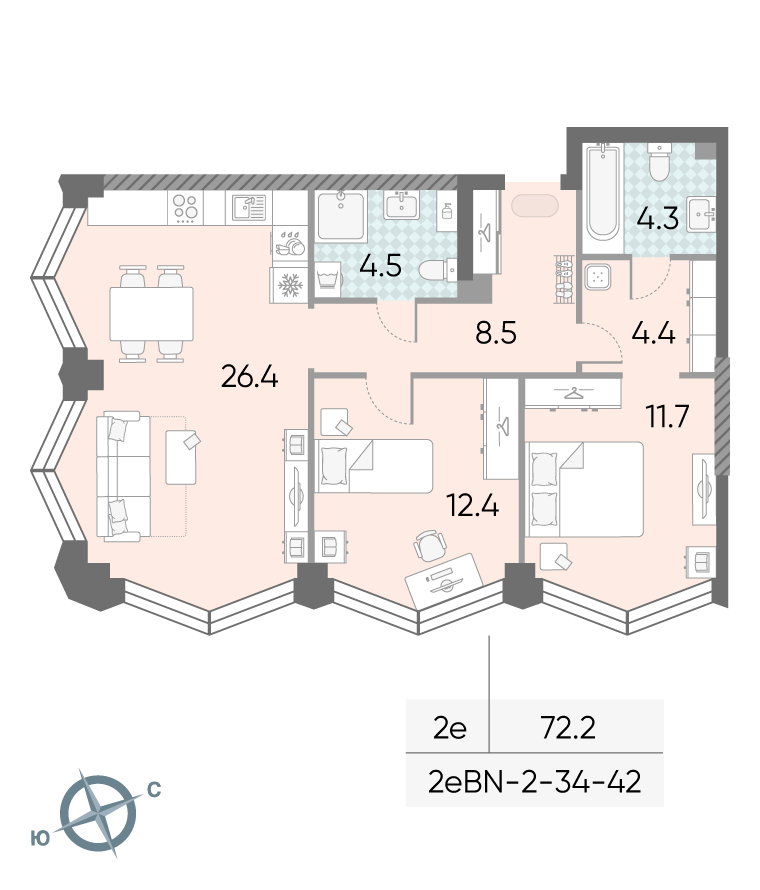 Планировка 2-комн, 72.2 м²
