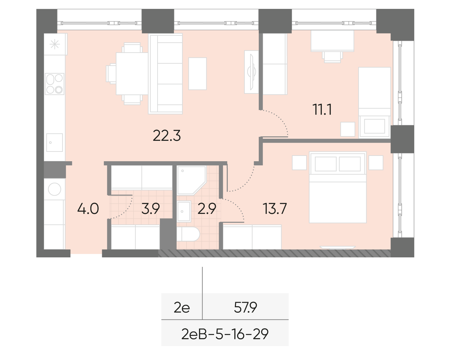 Планировка 2-комн, 57.9 м²