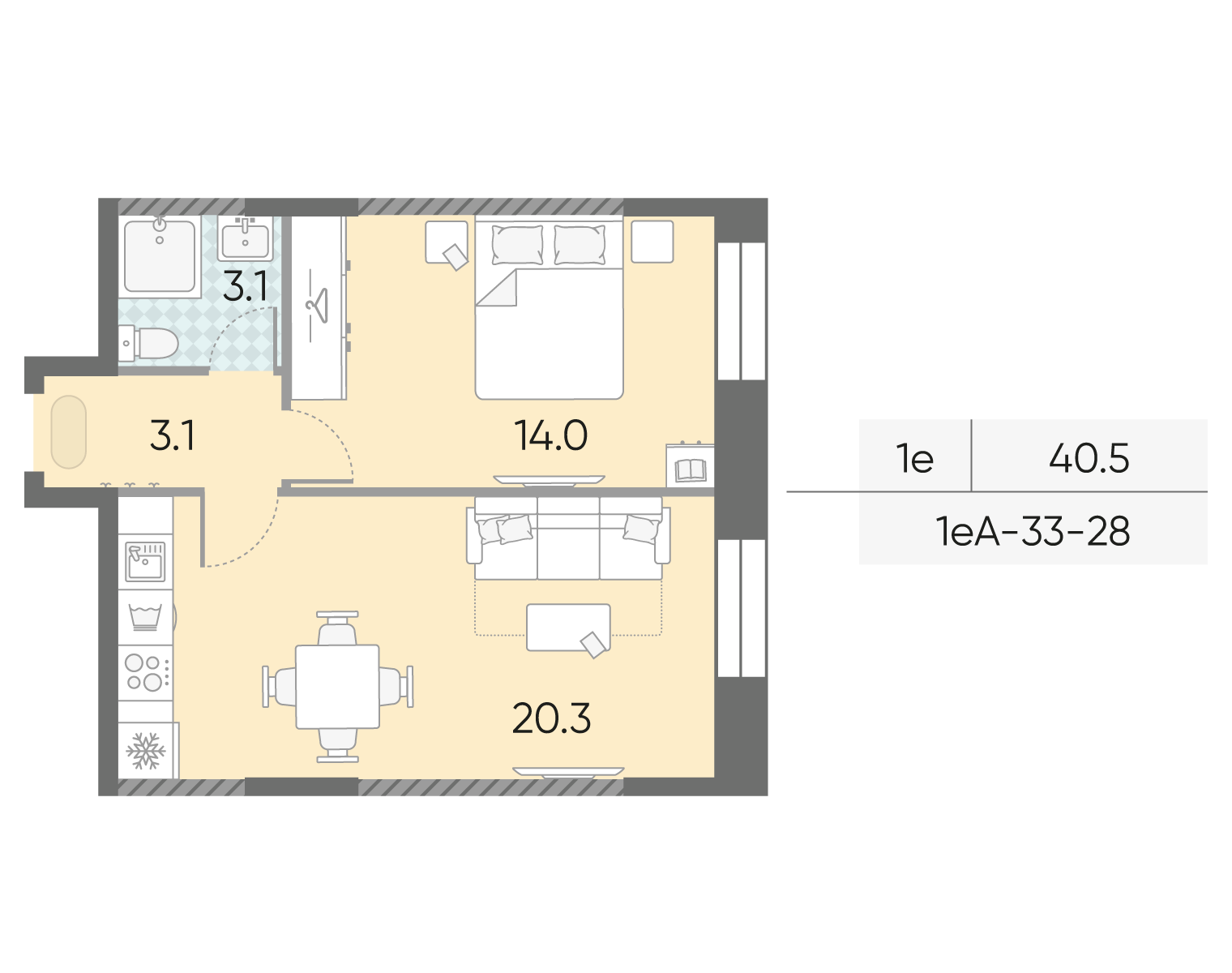 Планировка 1-комн, 40.5 м²