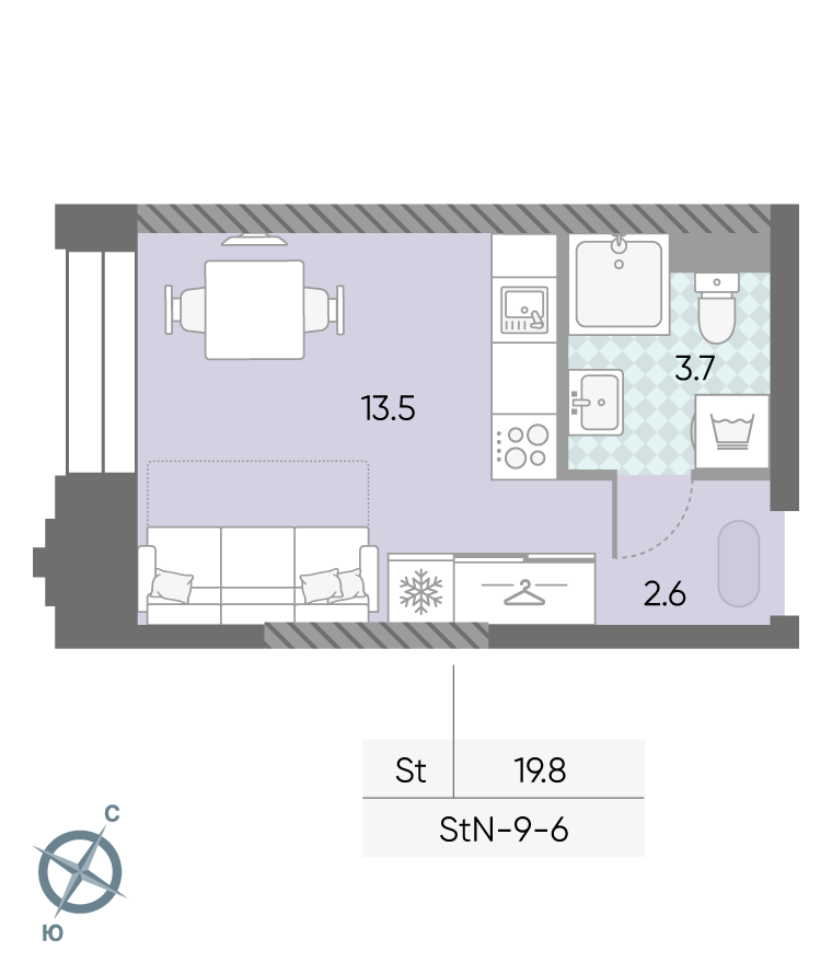 Планировка Студия, 19.8 м²
