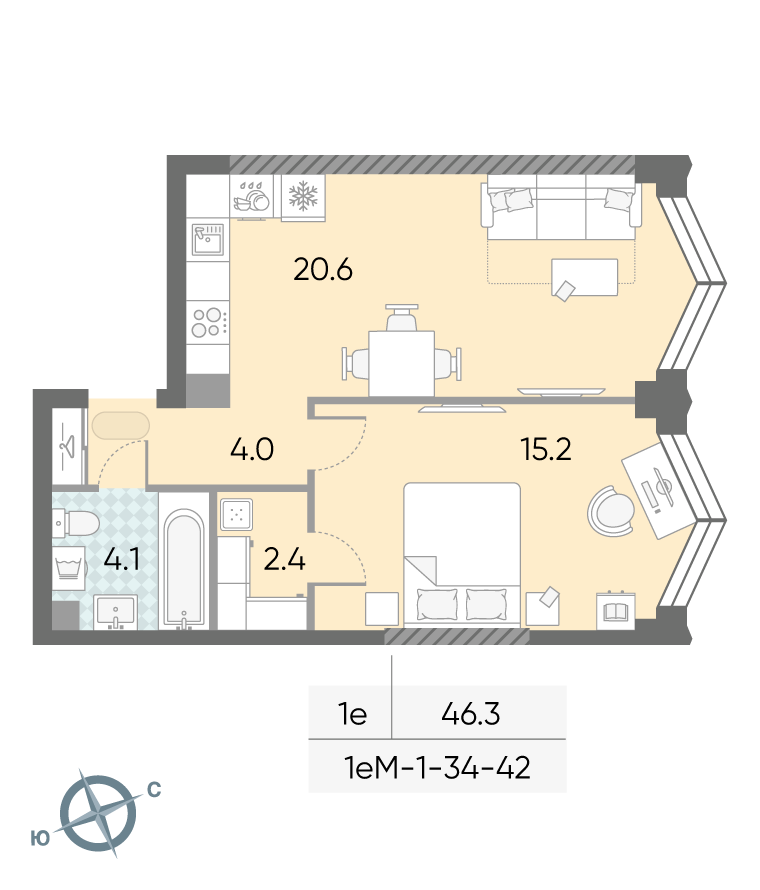 Планировка 1-комн, 46.3 м²