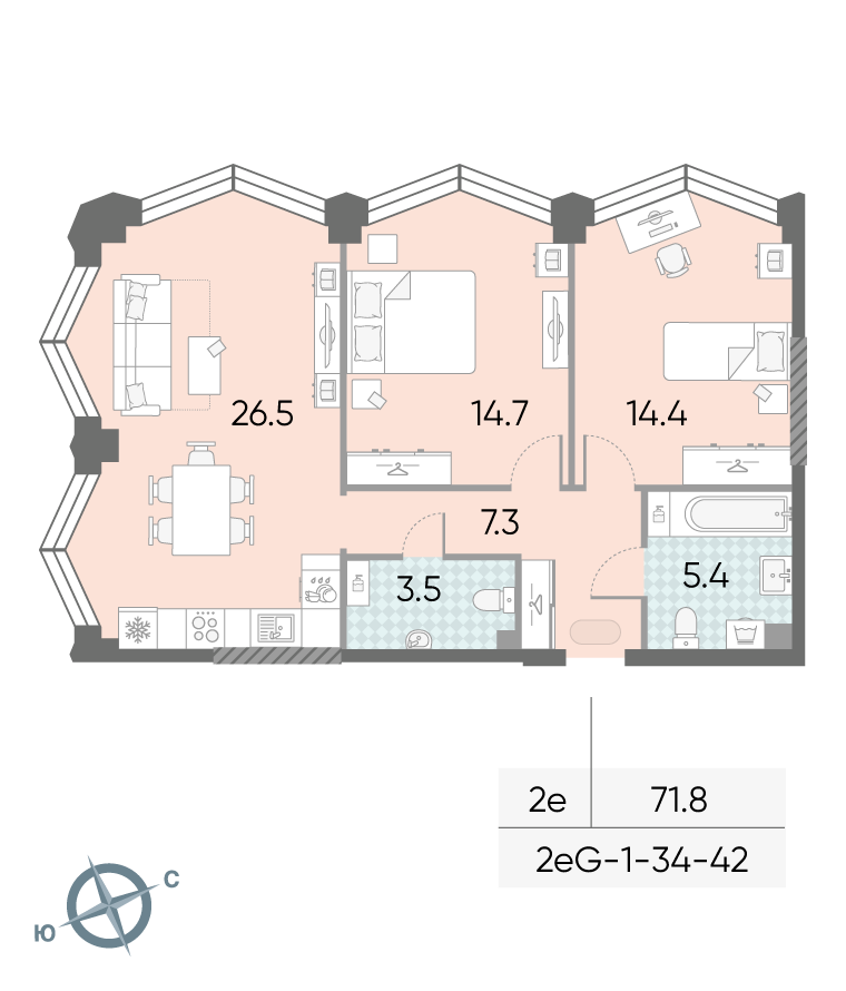 Планировка 2-комн, 71.8 м²